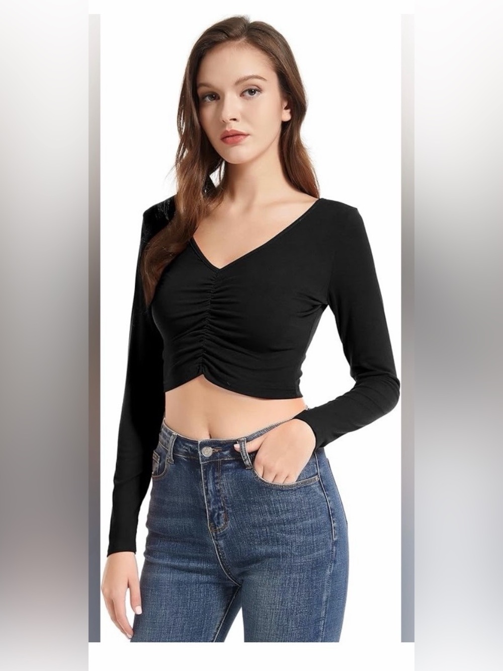 PrettyLittleThing Black Ruched V Neck Long Sleeve Crop Top US 8